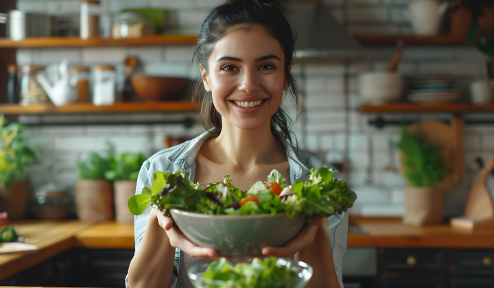 conseils alimentation Une jeune femme aux cheveux foncés attachés tient des deux mains un saladier de feuilles vertes et de tomates. Elle se tient dans une cuisine.