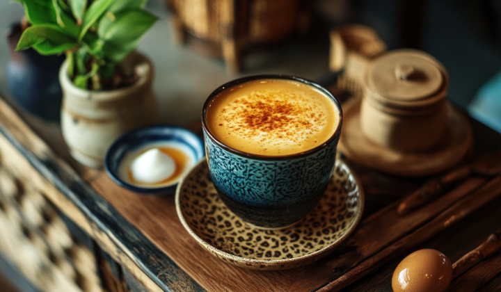 Intolérance au lactose Un café au lait est servi dans une tasse bleue et turquoise sur une caisse en bois. À côté, il y a une boîte en bois en bois de sucre, un petit bol avec un biscuit et une petite plante verte.
