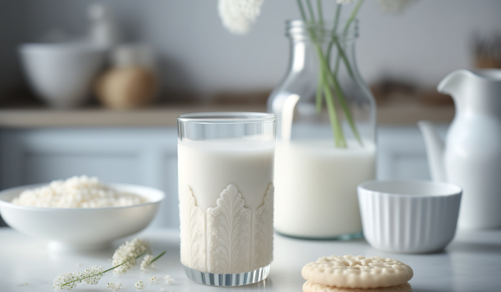Les causes de l’intolérance au lactose Sur un plateau de cuisine, de gauche à droite, se trouvent un bol blanc avec du riz au lait, un verre rempli de lait, un double biscuit, un vase rempli de lait et de fleurs, une carafe blanche.