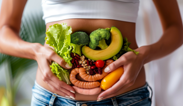 Les symptômes La femme tient son estomac, qui est créé avec diverses sortes de légumes, de fruits et de saucisses.