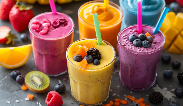 malabsorption du fructose Des smoothies aux fruits colorés en rose, jaune, orange et bleu. Fabriquées à partir de fraises, de myrtilles, de framboises, d'oranges, de mangues et de noix de coco.
