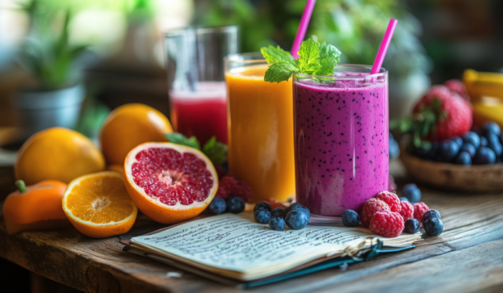Observer les habitudes alimentaires Des agrumes découpés et des smooties colorés en orange, rose et rouge à base de baies, de fruits du dragon et d'agrumes.