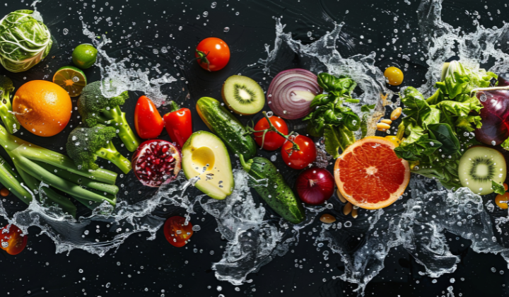 Qu’est-ce que le fructose? Fruits et légumes lavés, disposés sur une ardoise. Brocoli, pakrika, grenade, tomate, concombre, avocat, kiwi, oignon, chou frisé, poireau, kaki, poivron, orange, citron vert, épinard, basilic.